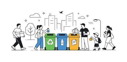 Urban recycling system. Public recycling bins arranged neatly in a city environment with people using them responsibly. Orderly, modern