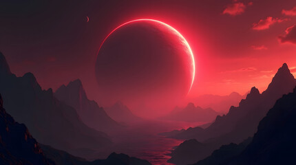 Massive Dark Celestial Planet Rising Over Crimson Alien Mountains Landscape