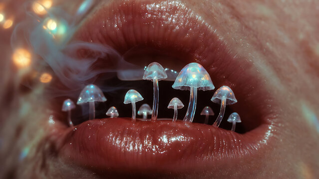 Glowing mushrooms growing between human lips with smoke