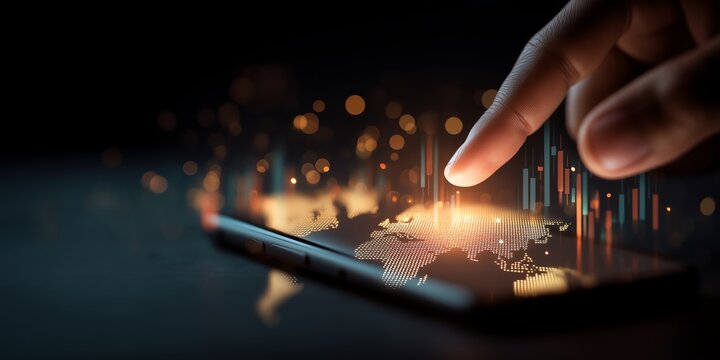 Minimal studio hand uses smartphone trading chart with world map overlay to track real time market movements globally.