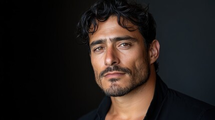 Fototapeta premium A close-up portrait of a rugged, strong man with thick hair and an intense gaze, set against a dark background, conveying strength, confidence, and resilience.