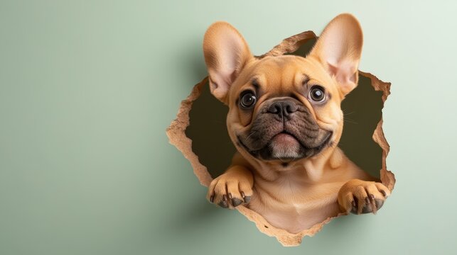 A cute French Bulldog is joyfully peeking through a torn piece of paper, capturing a moment of playfulness and curiosity. This image reflects lightheartedness and charm.