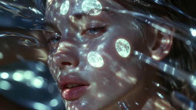 Woman with glowing moonlit face and water reflections
