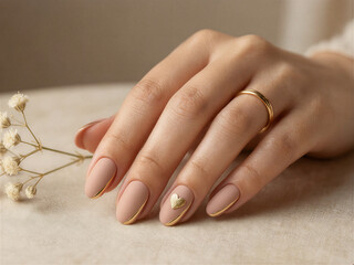 Minimal Elegant Valentine Nail Design Nude Gold Heart Accent