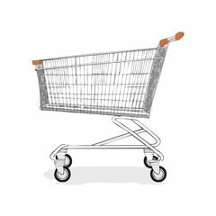 Empty shopping cart with metal frame and wheels.