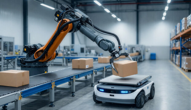 Robotic Arm Loading Parcel onto AMR in Modern Warehouse