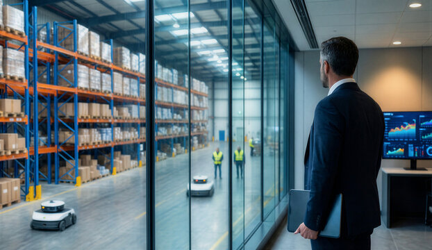 Executive Monitoring Smart Warehouse from Glass Control Room