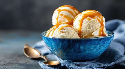 Three scoops of vanilla dessert topped with golden caramel sauce served in a rich blue ceramic bowl.