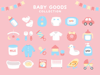 Baby Goods Collection Illustration &ndash; Cute Flat Icons Set on Pink Background