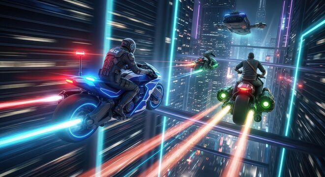 Futuristic police officers pursue a suspect on glowing hoverbikes through a neon-lit metropolis at high speed.