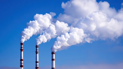 Industrial Smokestacks Emitting White Smoke Against Clear Blue Sky