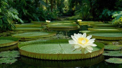 Giant water lily pads and a blooming white flower float upon a tranquil pond surface surrounded by dense foliage.
