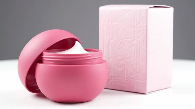 A pink jar of cream with its lid open next to a matching pink box on a white surface against a gray background for business product mockup.