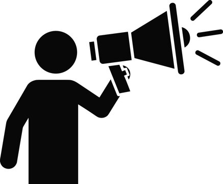 Black silhouette stick figure man holding a megaphone and shouting representing marketing announcement communication promotion alert and public speaking and advertising