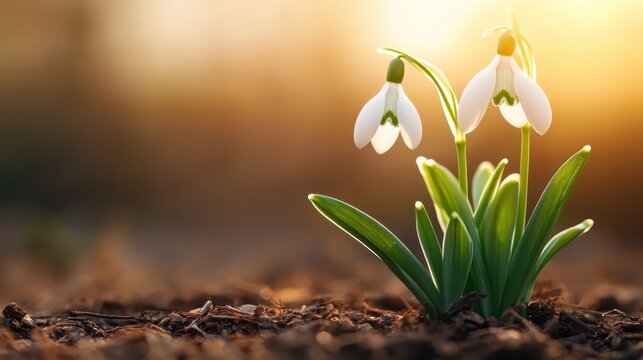 Delicate snowdrop flowers rise from earth in the golden glow of sunset, symbolizing new beginnings and resilience, a perfect embodiment of nature's beauty and hope.