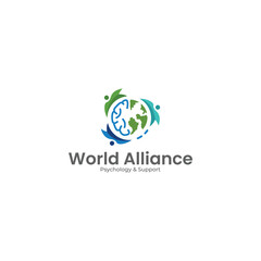 technology brain and globe logo with people connection vector template