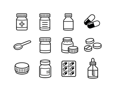 Antibiotics Icon Set. Antibiotics Bottle. Line icon set of Antibiotics Bottle: medicine bottle, pill bottle, antibiotics label, screw cap, liquid medicine