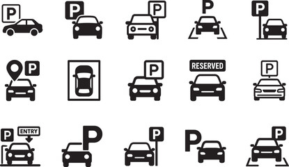   Car parking icon set with signs, lot symbols, garage and map pins for UI and signage use. © Md Ataullah 