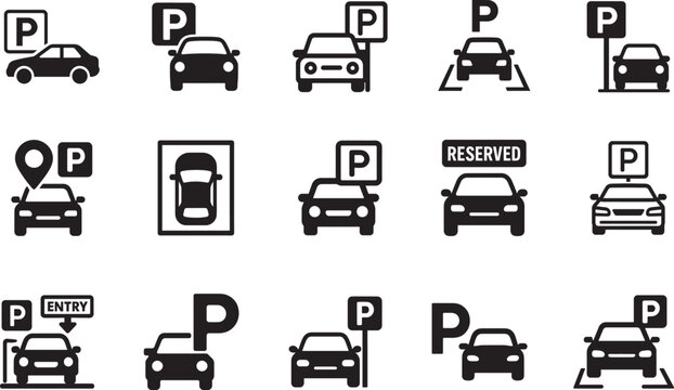   Car parking icon set with signs, lot symbols, garage and map pins for UI and signage use.