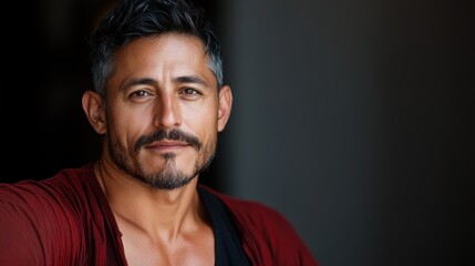 Fototapeta premium A charismatic man with a well-groomed beard and striking features, exuding confidence and charm in a softly lit environment that captures personal charisma.