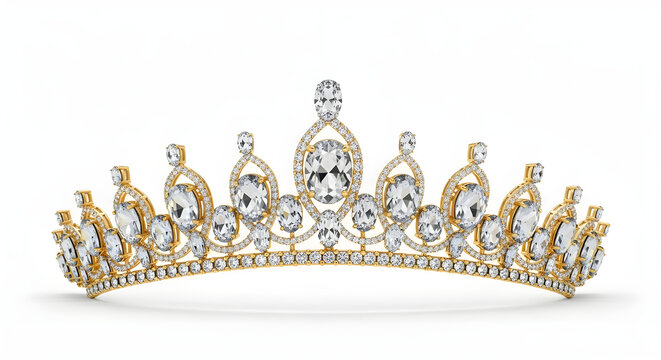 Elegant gold tiara adorned with numerous sparkling diamonds and clear gemstones, meticulously crafted with intricate filigree details, rendered in a realistic 3D style. isolated PNG with