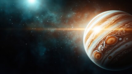 Fototapeta premium A mesmerizing image of Jupiter set against a backdrop of cosmic wonders, showcasing the planet's iconic bands and moons, evoking a sense of awe and exploration of the universe.