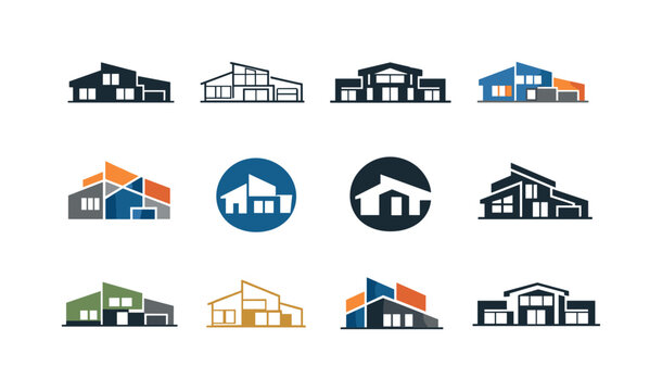 Custom-built home features. Icon set. Set Logo of Custom-built home features: modern house facade. harmonious logo variations of the same