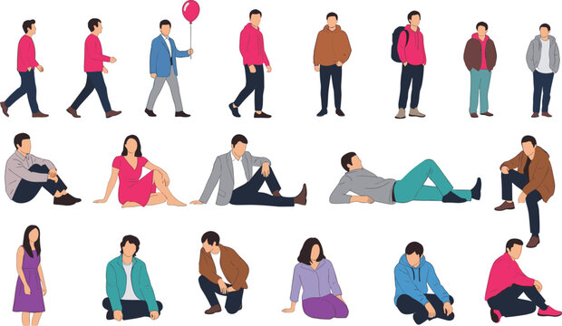 Collection of flat people characters in various poses walking sitting lying and standing isolated on white background for architectural visualization