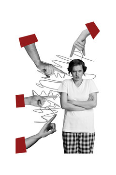 Composite trend artwork sketch image photo collage of abuse harassment victim violence young lady stand confused finger point hand gesture