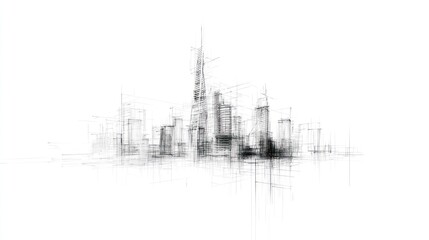Obraz premium Architectural sketch of modern city skyline with detailed building outlines