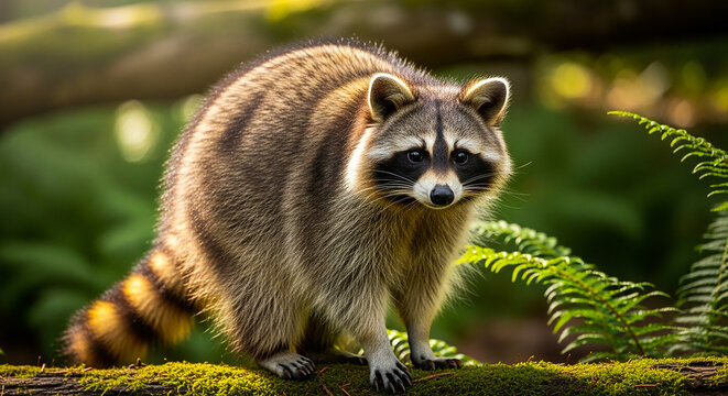 A cute young mammal with brown fur, resembling a wild raccoon or squirrel, sits in the nature of a forest while a baby ferret and coati stand isolated on a white background among wildlife animals