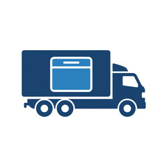 Blue delivery truck icon with a white outline of a refrigerator inside the cargo area.