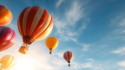 Fototapeta premium A vibrant display of hot air balloons in various colors rising against a backdrop of a bright blue sky and tranquil clouds, showcasing freedom and adventure.