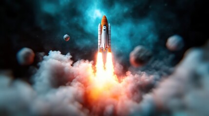 Fototapeta premium A rocket is dramatically ascending into the cosmic expanse, surrounded by ethereal clouds and distant celestial bodies, symbolizing exploration and adventure in the universe.