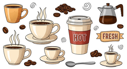 Fototapeta premium Assorted coffee cups and beans arranged artistically on a clean white surface