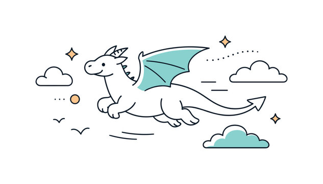 Dragon in Flight. Dragon in the sky. A simple editorial scene of a dragon flying slowly among clouds, showing freedom, balance, and imagination. Minimalist