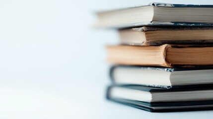 An elegant arrangement of stacked books against a soft background highlights the beauty of simplicity and knowledge, inviting viewers to explore literary adventures.