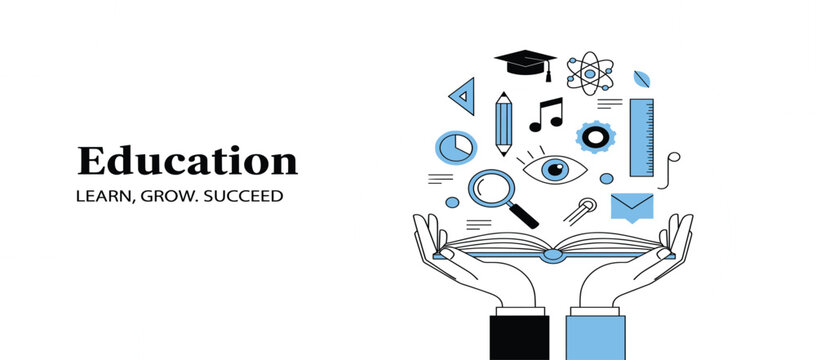 Education Concept Illustration with Open Book Hands and Learning Icons for Knowledge Growth Study Motivation and Academic Success Design Projects