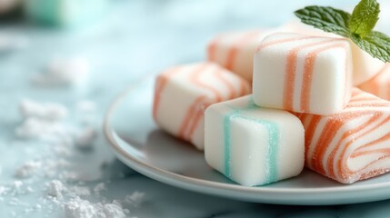 A close-up view of charming striped candies arranged on a plate, resembling elegance and sweetness, illuminated softly by a gentle light in a serene atmosphere.