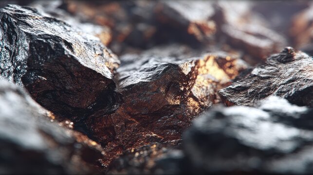 Macro view of raw iron ore chunks with dark metallic texture and warm reflections