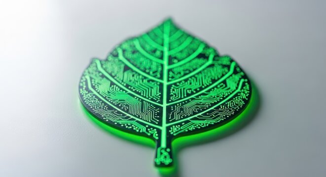 Glowing green leaf-shaped circuit board, concept of technology intertwining with nature