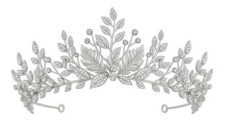 Fototapeta premium Sparkling silver tiara adorned with intricate diamond-encrusted leaves and delicate berry clusters, perfect for bridal or regal branding. isolated PNG with Transparent Background
