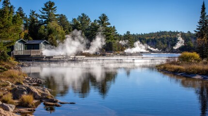 Steam rises from water surfaces near wooden structures alongside a calm lake reflecting a clear blue sky