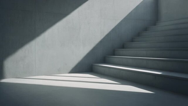 Minimalist Staircase Corner and Geometric Shadow. Neo-Minimalism & Quiet Luxury. Sharp corner of a minimalist floating concrete staircase where the sunlight casts long parallel geometric shadows.
