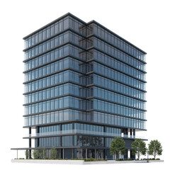 Fototapeta premium Glass office building with balconies and trees office complex corporate architecture isolated on a transparent background