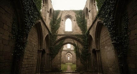 Naklejka premium Interior view of crumbling stone structure with arched windows, overgrown with vines