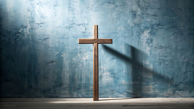 A solitary wooden cross casts a long shadow on a textured wall.