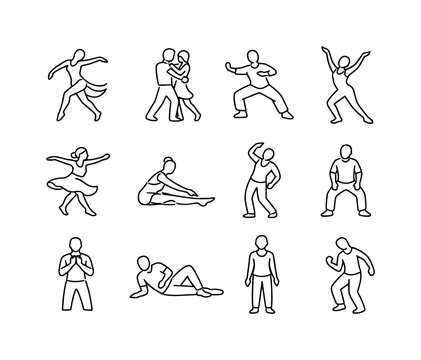 Relaxing dance styles. Line icon set of Relaxing dance styles: contemporary flow, modern slow dance, tai chi motion, lyrical arms, meditative
