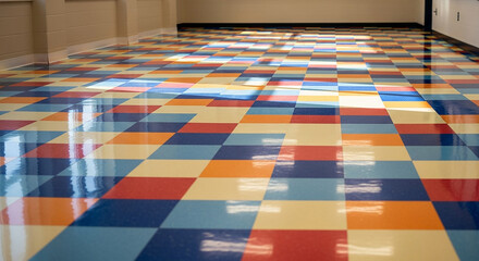 Colorful Checkered Floor with Blue Yellow Red Orange Tiles in a Hallway