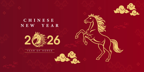 Happy Chinese new year of the horse 2026 festive banner with gold horse, flowers. illustration for header of website © Suvankor